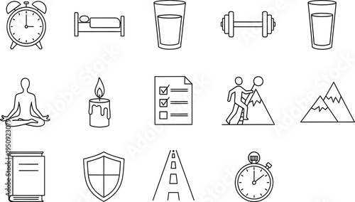 Set of minimalist line icons representing daily routine, wellness, and productivity habits