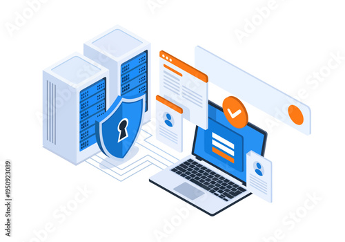 An isometric illustration showcases secure server networking as a blue shield protects data flowing to a laptop displaying a login interface amidst floating user profile cards and bright orange signs