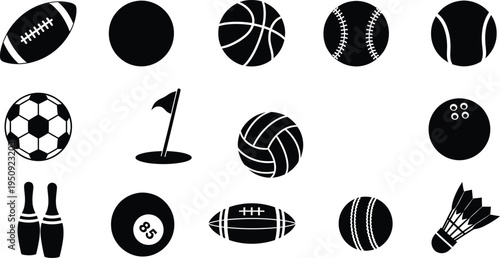 A collection of black and white silhouette icons representing various popular competitive sports