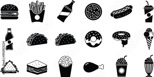 A collection of black and white vector icons representing various popular fast food meal options