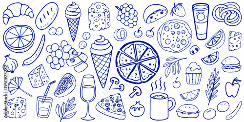 A whimsical sketch of various foods including desserts fruits and savory items