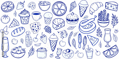 A colorful doodle collection featuring various foods desserts and botanical elements