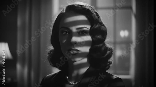 Elegant Woman in Noir Style with Shadow Patterns, Vintage Glamour and Mystery, Cinematic Black and