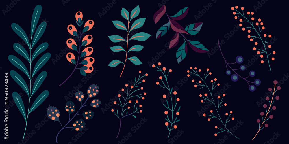 Obraz premium Stylized botanical illustration featuring various branches and colorful berries