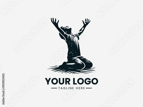 Kneeling child raising arms in hope black vector logo illustration isolated on white background