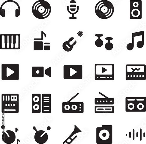 black and white music and video icons on white background