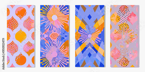 Four colorful vertically oriented panels with abstract geometric patterns