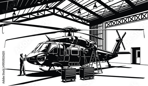 Helicopter maintenance in hangar with workers and tools