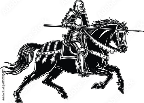 Knight in armor riding horse with spear black