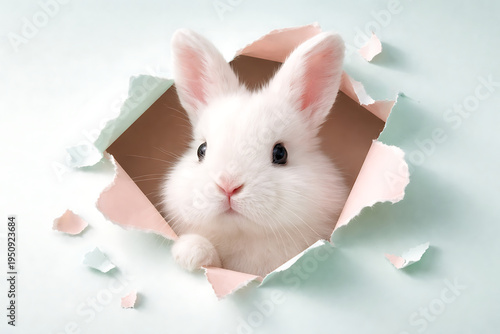Fluffy white bunny rabbit looking through a torn paper hole on a mint green background for easter and the divine glory of savior jesus christ