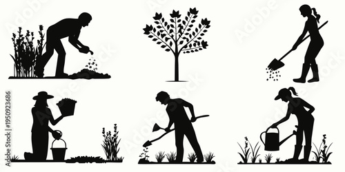 Silhouettes of people gardening and tending to plants in a field