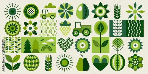 A colorful repeating pattern of farm elements and botanical shapes