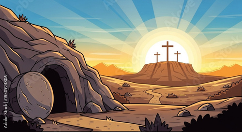 Easter sunrise with empty tomb and three crosses on hill symbolizing resurrection and hope in a desert landscape