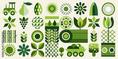 A vibrant stylized collection of green fruits vegetables and floral elements