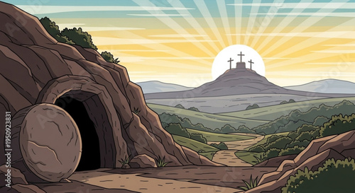 Easter morning sunrise with empty tomb and crosses on hill symbolizing resurrection and hope in a serene landscape