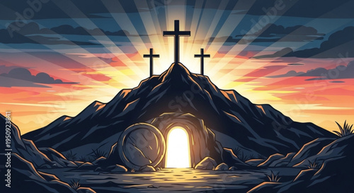Resurrection scene with crosses on hill at sunrise symbolizing hope and renewal
