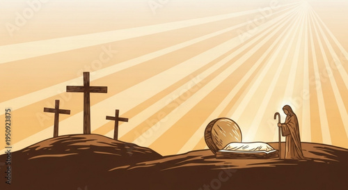 Easter morning scene with empty tomb and three crosses on hill sunrise background