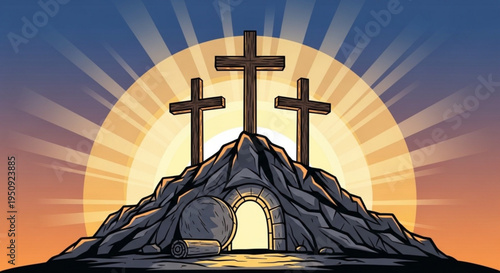 Easter sunrise with three crosses on hill and empty tomb symbolizing resurrection and hope