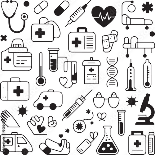 black and white medical icons on white background