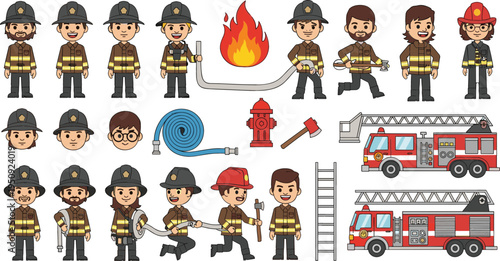 Firefighter Cartoon Character Set with Fire Truck, Hydrant, Hose, Ladder and Fire Flame Icons for Emergency Rescue Service and Safety Vector Illustration