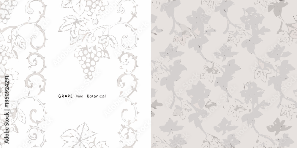 Fototapeta premium Elegant botanical pattern featuring grapes vines and delicate leaf illustrations