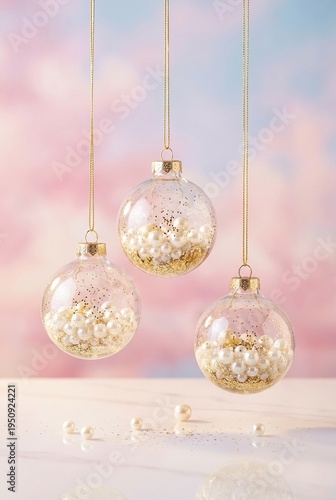 Elegant Glass Christmas Ornaments Filled with Pearls and Gold Glitter on Pastel Background