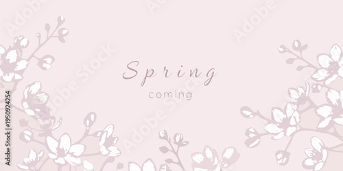 Delicate floral illustration with the word spring centered on a pink background