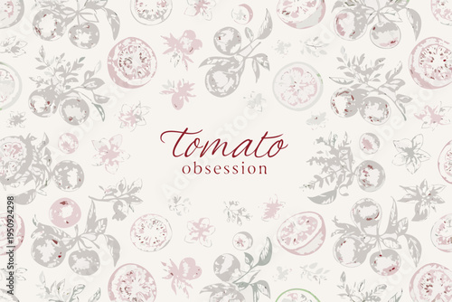 A vintage style pattern featuring tomato illustrations and botanical details