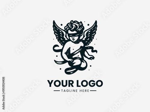 Blindfolded cherub angel with wings in clean modern romantic symbolic vector illustration style