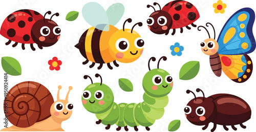 Cute Garden Bug Cartoon Character Set with Bee, Butterfly, Ladybugs, Caterpillar, Snail and Ant for Kids Nature Education, Spring Garden Vector Illustration