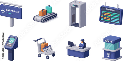 Isometric Airport Terminal Icons Set with Boarding Gate Sign, Baggage Conveyor, Security Scanner, Departure Board, Check In Counter and Travel Equipment Vector Illustration