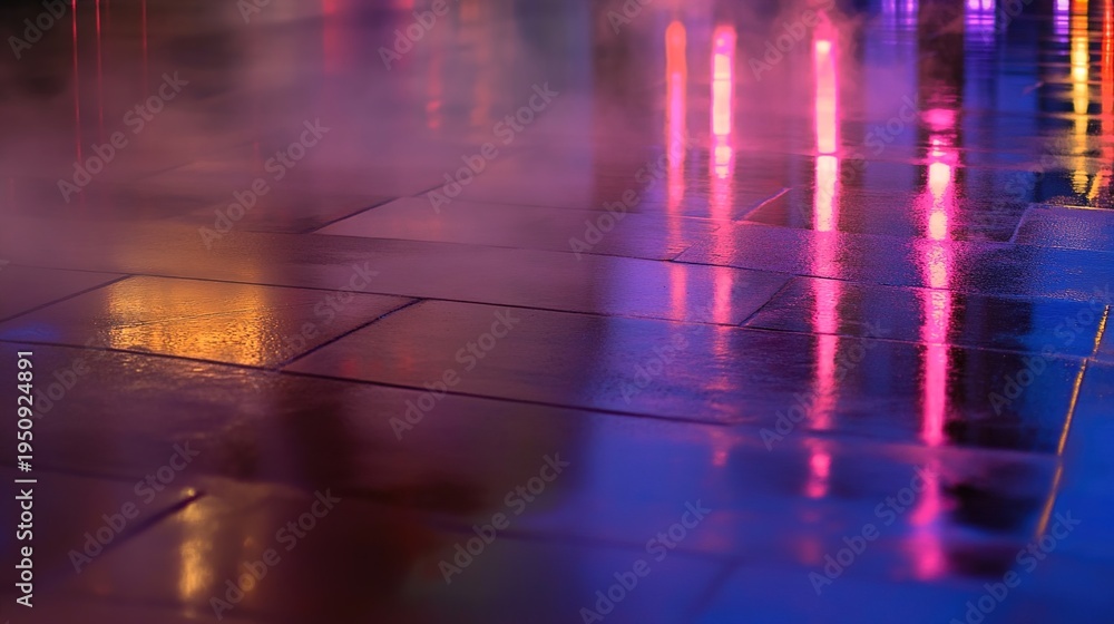 Naklejka premium asphalt. A neon-lit street at night with wet pavement reflecting colorful lights and atmospheric smoke. lifestyle magazines.