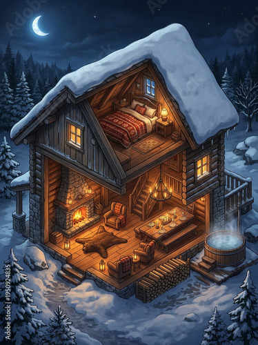 Whimsical Snow-Covered Log Cabin Interior at Night Isometric 3D Art
