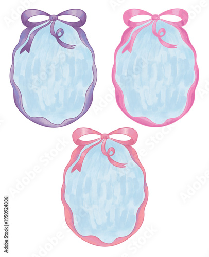 Cute Watercolor Ribbon Bow Frame Set with Pastel Pink and Purple Borders for Stationery Design.eps