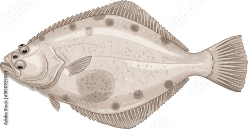 Realistic plaice flatfish illustration with spotted skin and detailed fins, marine seafood animal vector isolated background