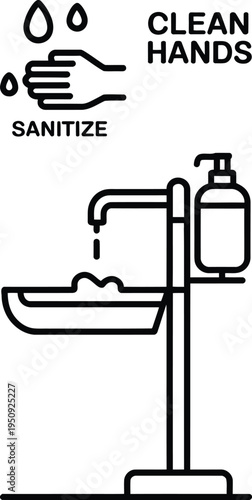 Black and white of handwashing and hand sanitizing instructions clean hands sink