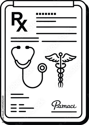 Black and white prescription form with medical symbols and signature line rx symbol pen healthcare document
