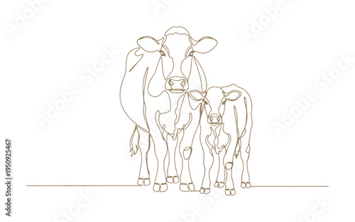 Set of a dairy cow and her calf. Domestic animals, charming farm creatures.
