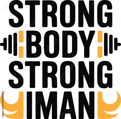 Bold strongman flexing arm muscles with strong body text bold text