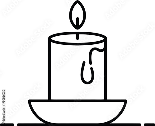 Lit white candle in a saucer with a flame on