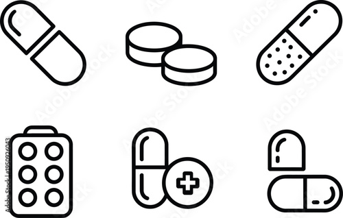 Minimalist black and white of various pills and capsules for healthcare medication medical