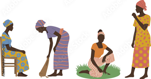 African women daily life illustration, traditional clothing, community culture, village lifestyle, African female characters, cultural diversity, flat vector art