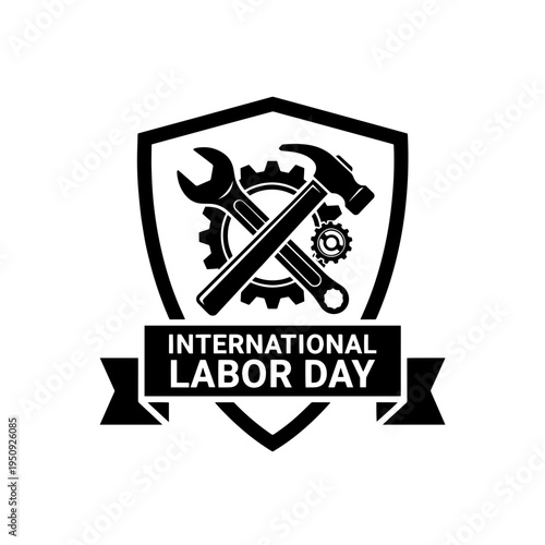 A minimalist professional vector graphic representing International Labor Day with a shield, hammer, and wrench.