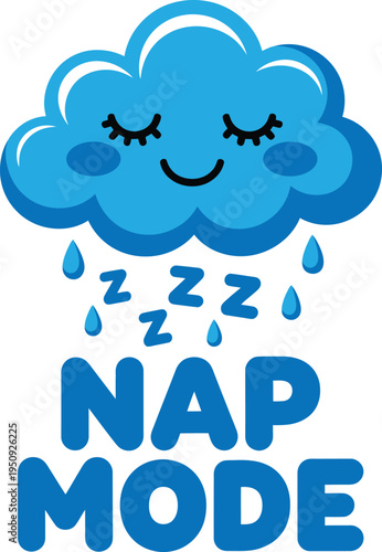 Sleeping cat in blue cloud bubble with zzz symbols and nap mode text