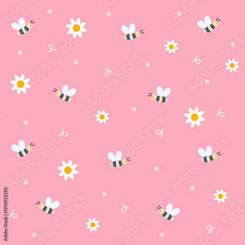 Bee and flower seamless pattern. Playful bees and flowers on cheerful pink background. Cute spring design. Seamless vector pattern.