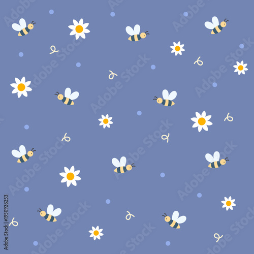 Bee and flower seamless pattern. Cute cartoon bees with floral elements on calm blue background. Spring garden theme. Seamless vector pattern.