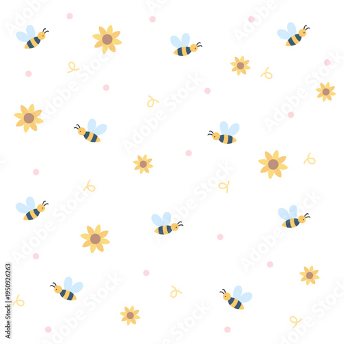 Bee and flower seamless pattern. Soft cartoon bees and flowers on white background. Light nature style. Seamless vector pattern.