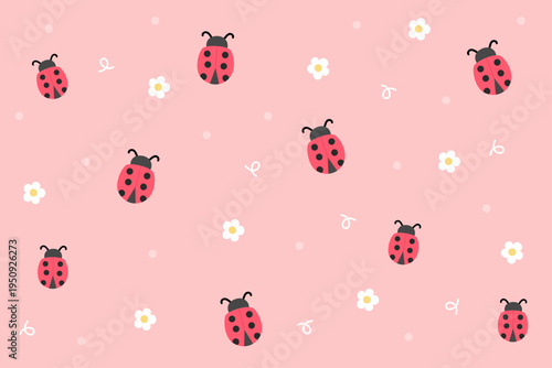 Cartoon ladybug seamless pattern. Cute ladybugs with flowers on soft pink background. Playful garden theme. Seamless vector pattern.