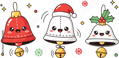 Cute Christmas Bell Cartoon Characters with Santa Hat Holly and Jingle Bells Kawaii Holiday Vector Illustration