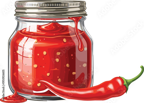 Spicy Chili Sauce Jar with Red Pepper and Dripping Hot Sauce Illustration for Food Condiment Packaging and Cooking Ingredient Vector Design